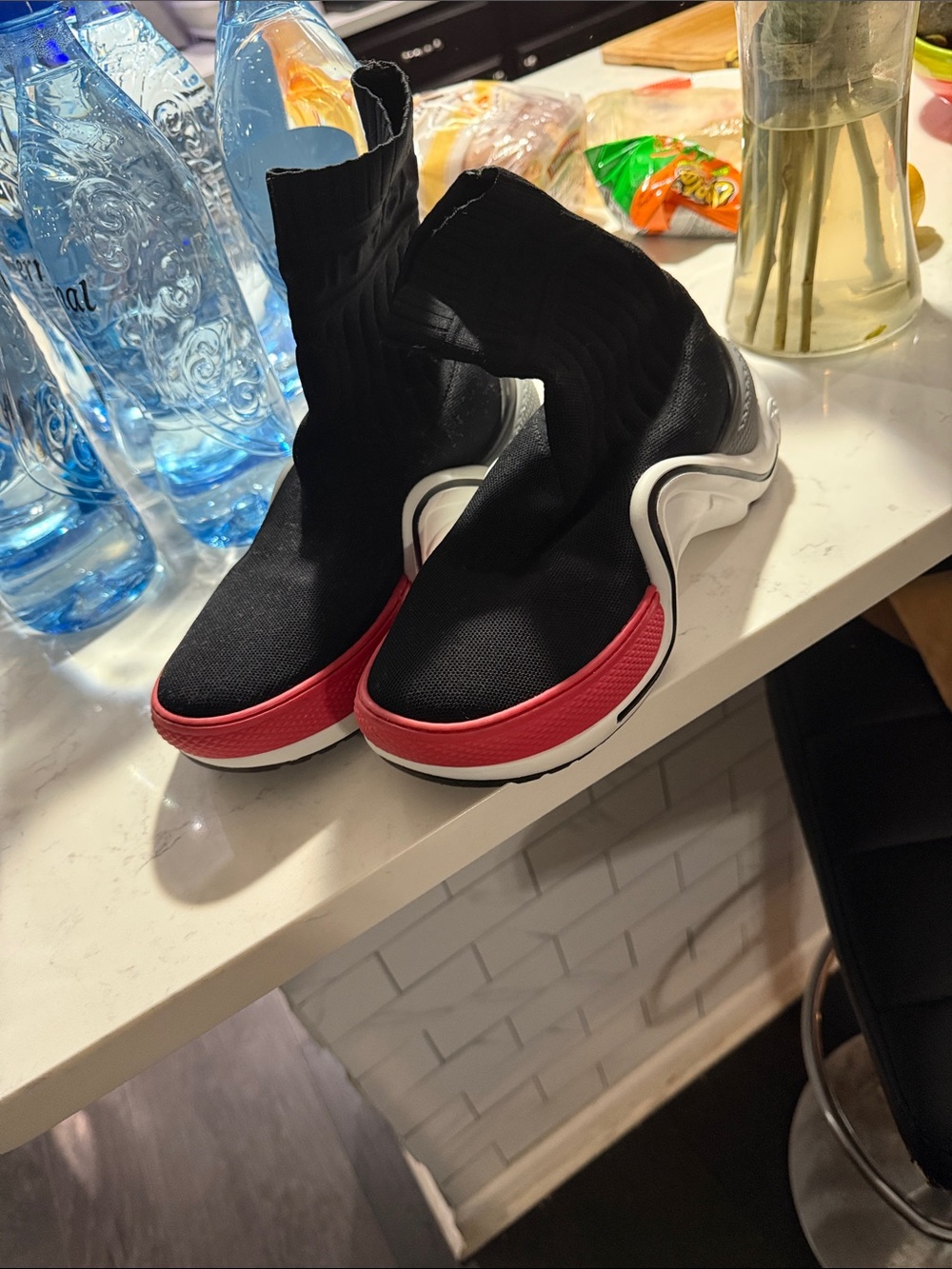 Louis Vuitton Black Knit Sock Sneakers with Pink Trim